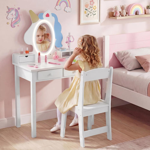 Olakids Kids Vanity with Lights, Princess Makeup Dressing Desk Toddler Table and Chair Set Pretend Playset for Girls Aged 3-6