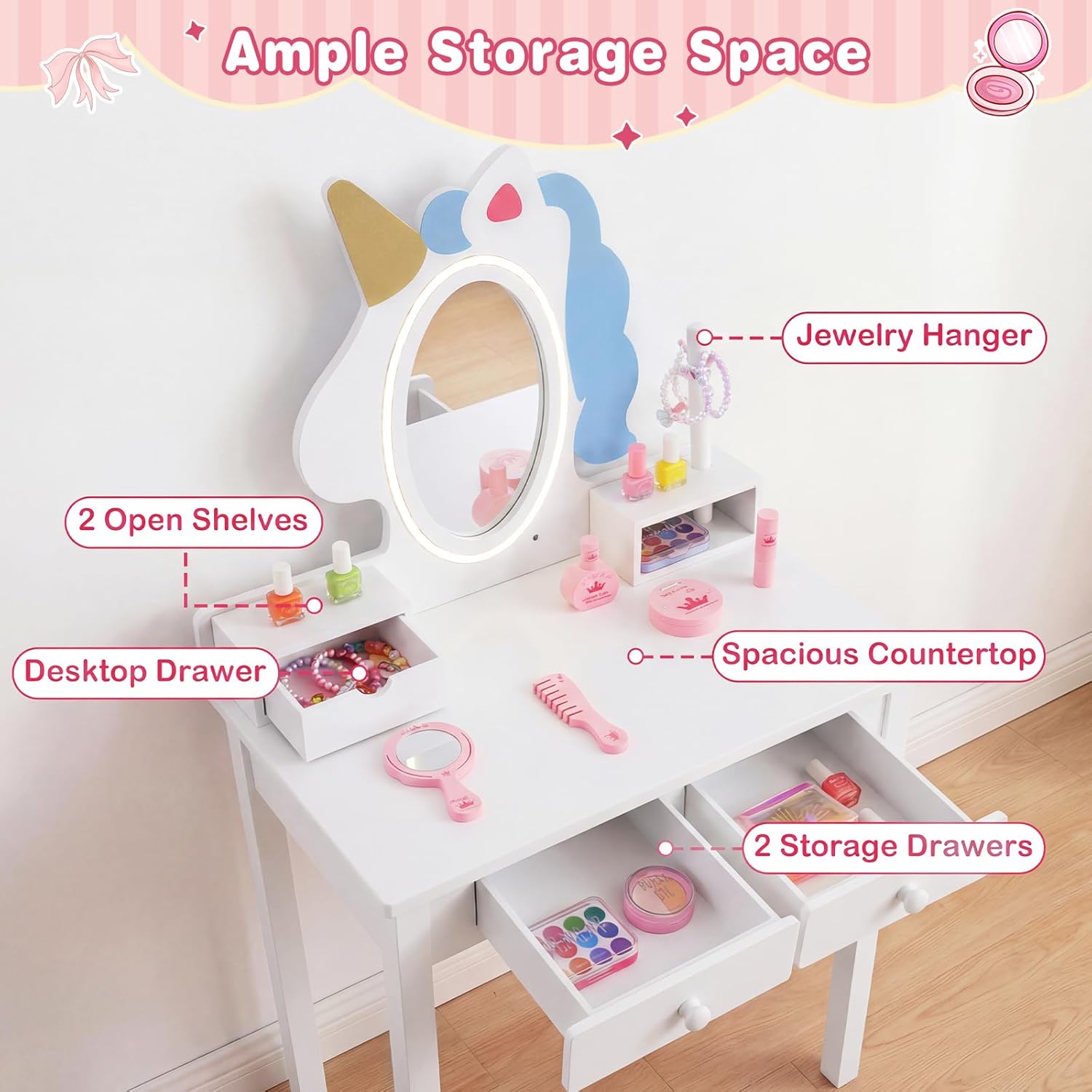 Olakids Kids Vanity with Lights, Princess Makeup Dressing Desk Toddler Table and Chair Set Pretend Playset for Girls Aged 3-6