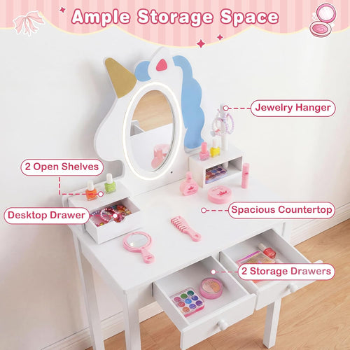 Olakids Kids Vanity with Lights, Princess Makeup Dressing Desk Toddler Table and Chair Set Pretend Playset for Girls Aged 3-6