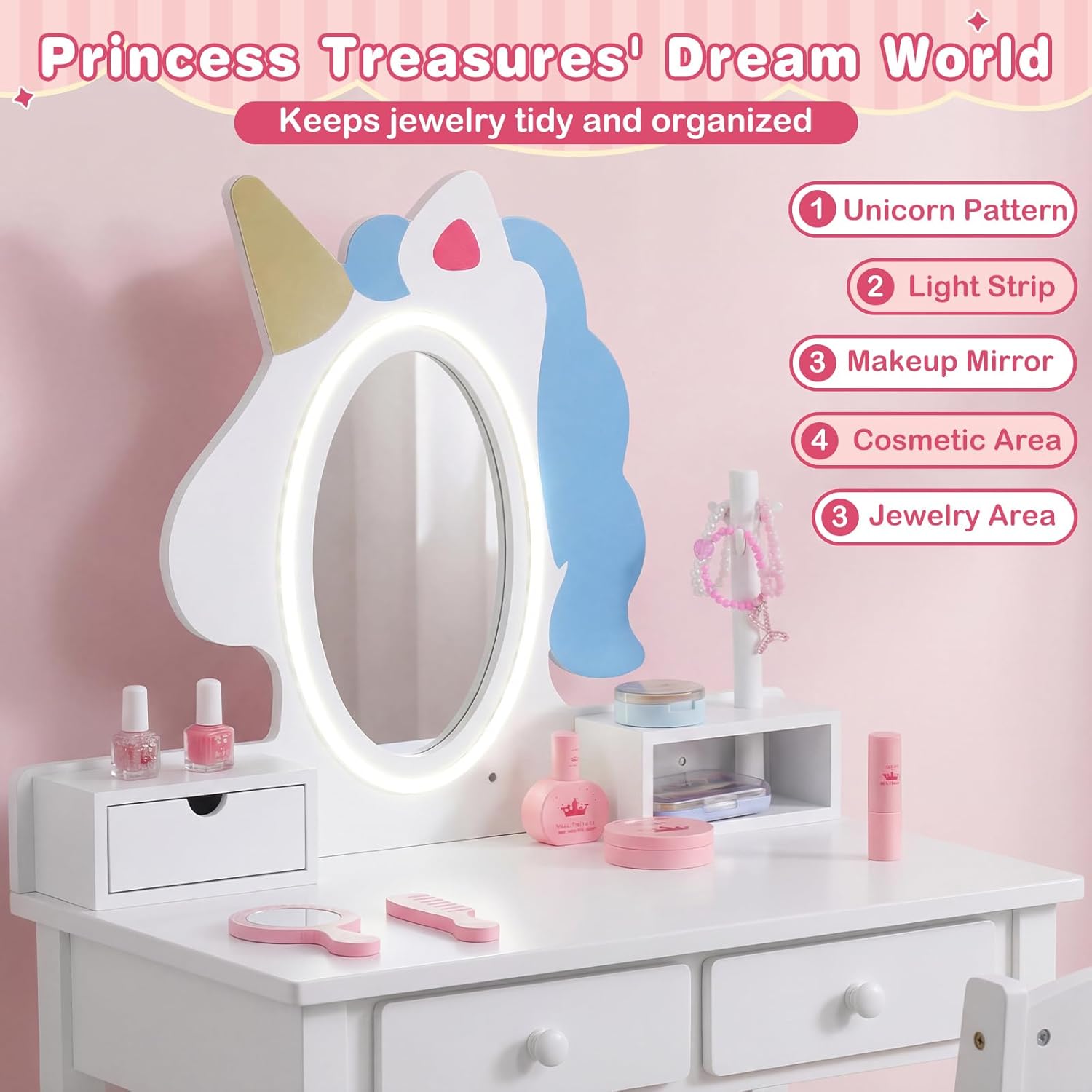 Olakids Kids Vanity with Lights, Princess Makeup Dressing Desk Toddler Table and Chair Set Pretend Playset for Girls Aged 3-6