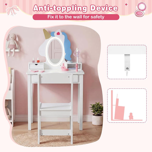 Olakids Kids Vanity with Lights, Princess Makeup Dressing Desk Toddler Table and Chair Set Pretend Playset for Girls Aged 3-6
