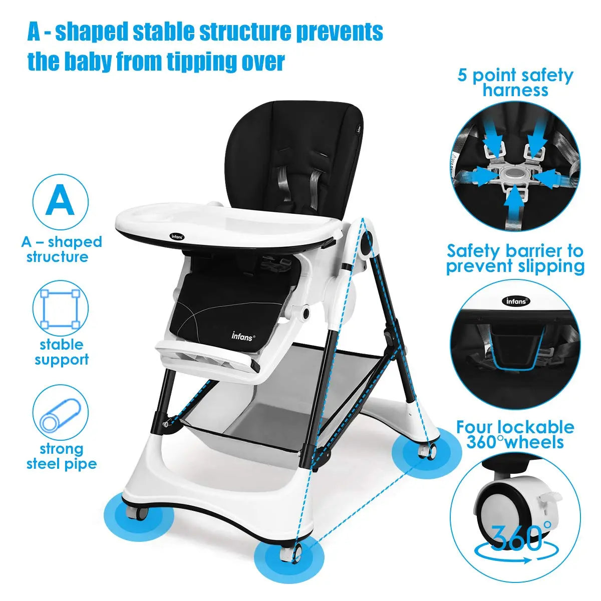 High Chair with One-Hand Removable TrayFoldable for Baby INFANS