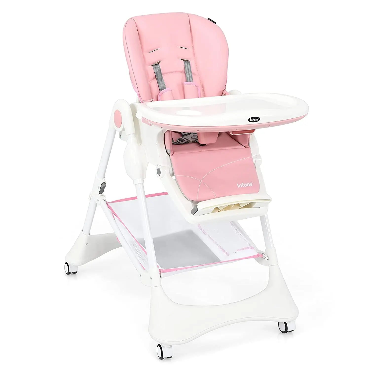 INFANS High Chair with One-Hand Removable Tray, 4 Lockable Wheels & Large Storage Basket - Multi-Adjustable Height