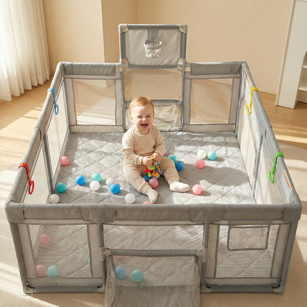 INFANS 74" x 62" Baby Playpen with Soft Mat, Basketball Hoop, 2 Soccer Goals, 4 Handles & 50 Ocean Balls, Breathable Mesh, Indoor & Outdoor Large Play Yard for Toddlers