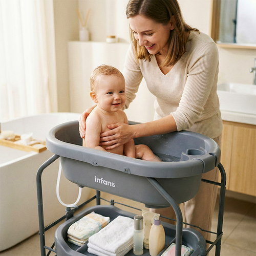 INFANS 2 in 1 Baby Changing Table with Bath Tub Unit, Folding Diaper Dresser Station with Wheels Waterproof