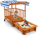 OLAKIDS 3 in 1 Kids Wooden Sandbox with Canopy and Cover Rear Wheels Guardrails