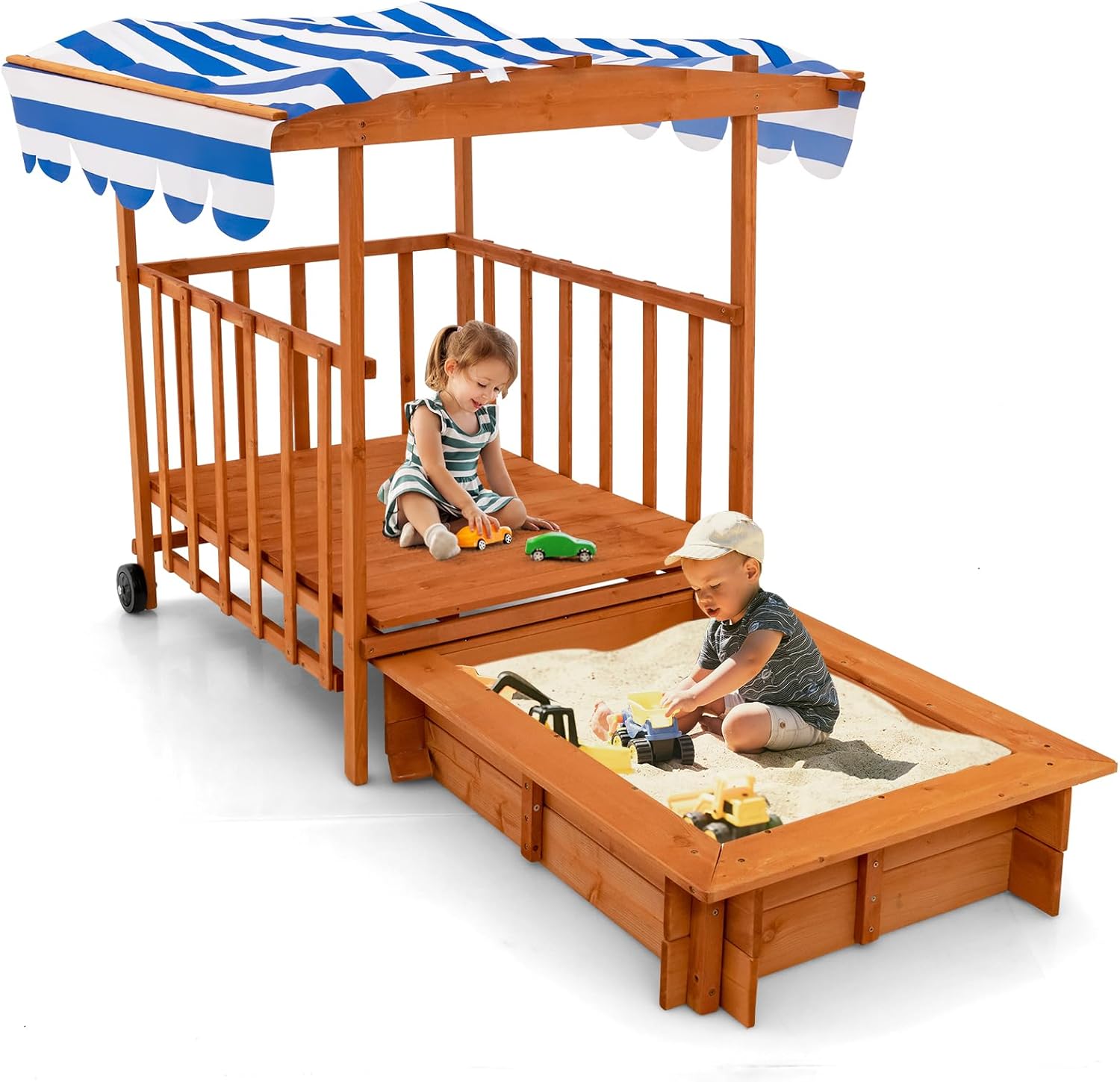 OLAKIDS 3 in 1 Kids Wooden Sandbox with Canopy and Cover Rear Wheels Guardrails
