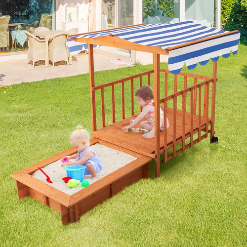 OLAKIDS 3 in 1 Kids Wooden Sandbox with Canopy and Cover Rear Wheels Guardrails