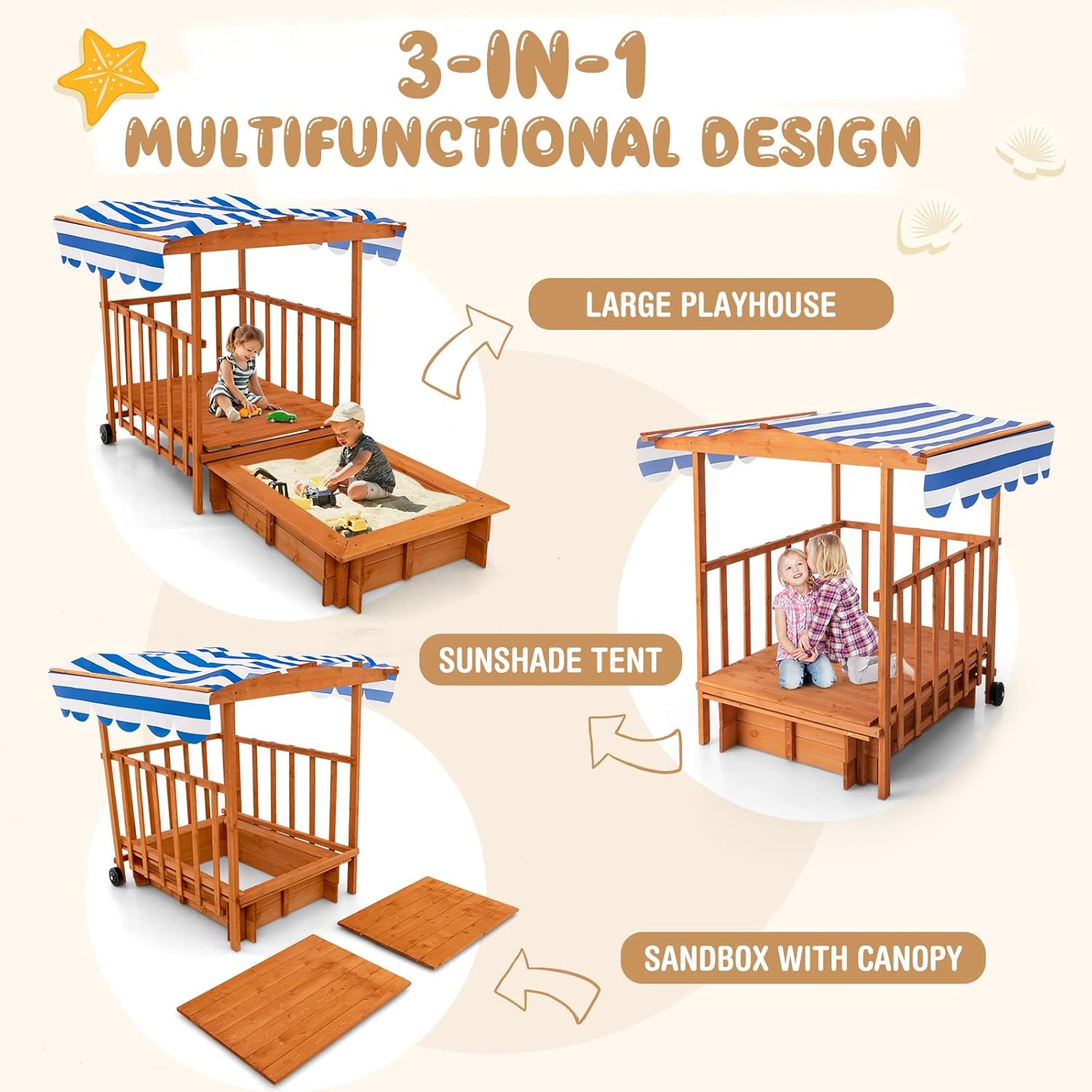 OLAKIDS 3 in 1 Kids Wooden Sandbox with Canopy and Cover Rear Wheels Guardrails