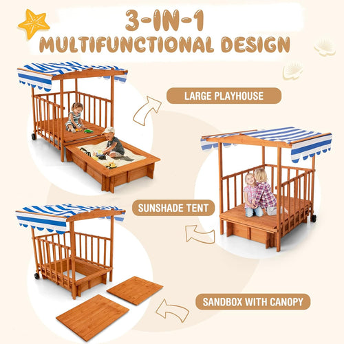 OLAKIDS 3 in 1 Kids Wooden Sandbox with Canopy and Cover Rear Wheels Guardrails