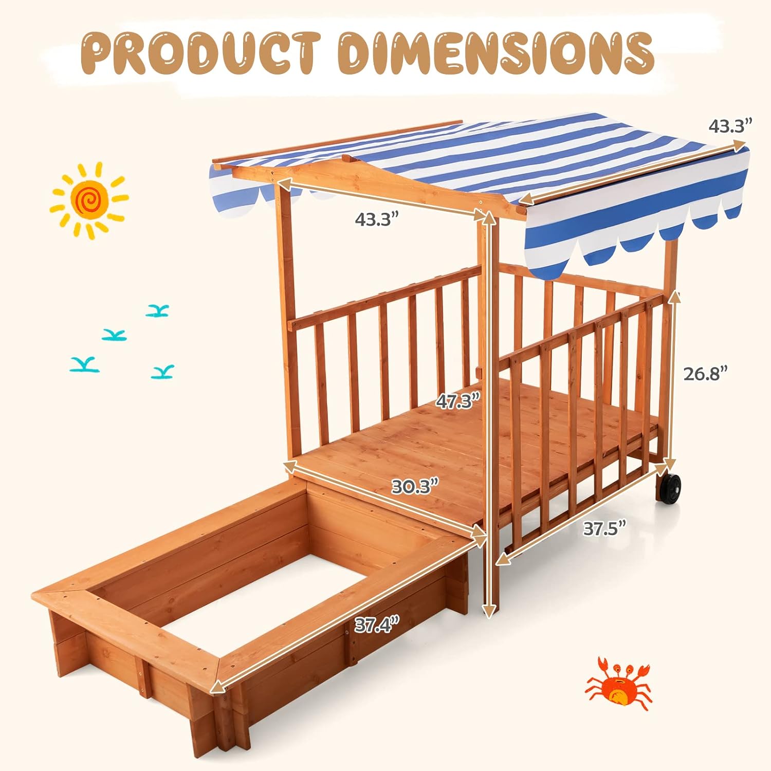 OLAKIDS 3 in 1 Kids Wooden Sandbox with Canopy and Cover Rear Wheels Guardrails