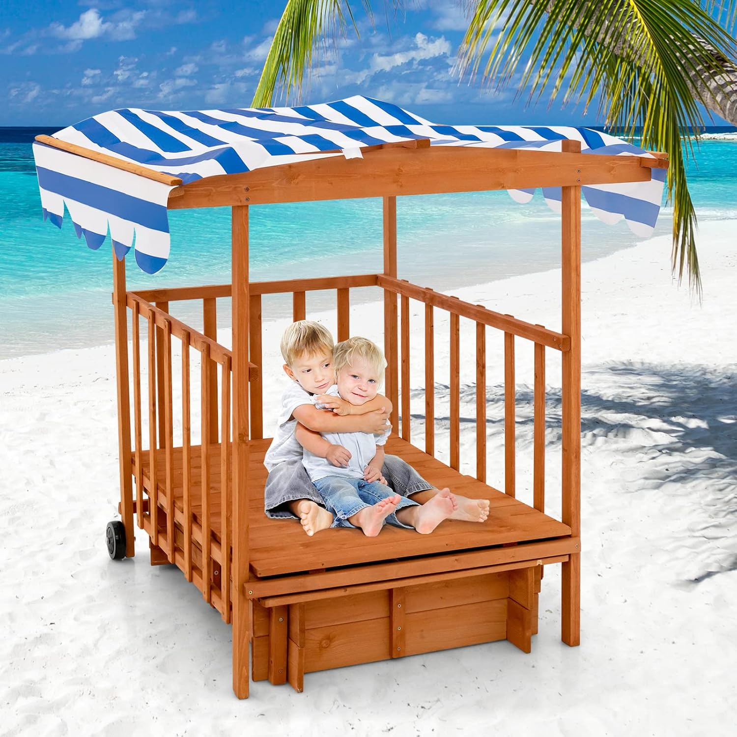 OLAKIDS 3 in 1 Kids Wooden Sandbox with Canopy and Cover Rear Wheels Guardrails