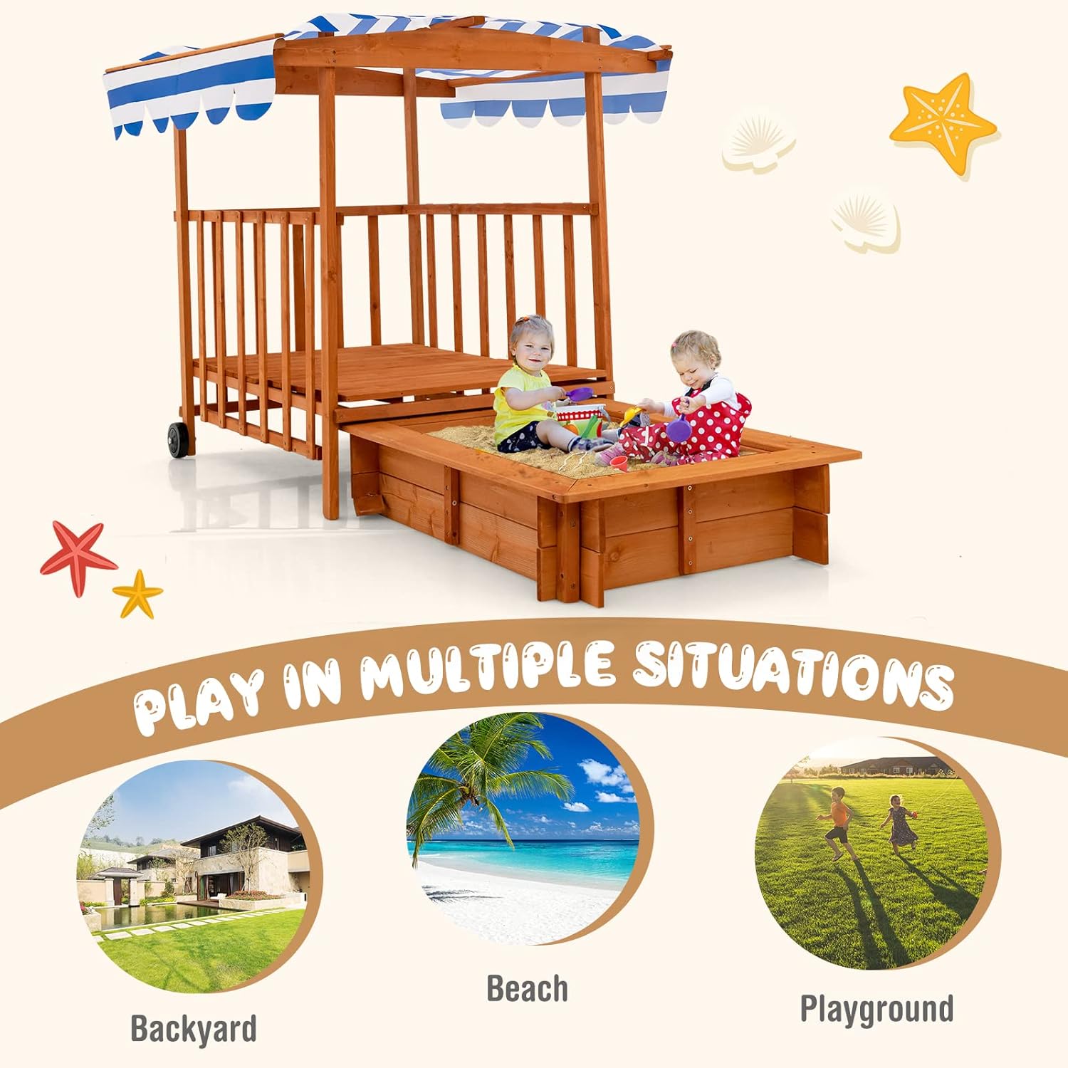 OLAKIDS 3 in 1 Kids Wooden Sandbox with Canopy and Cover Rear Wheels Guardrails