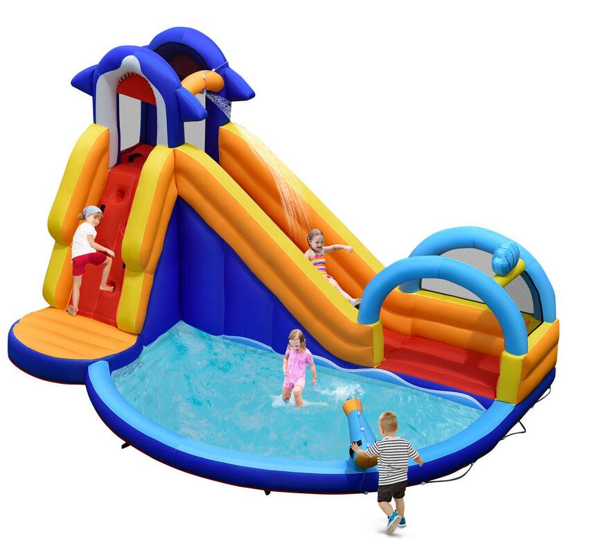 OLAKIDS 14FT Shark Inflatable Water Slide, Bouncy Castle with Splash Pool, Climbing Wall & Water Gun, Includes Carry Bag & Stakes