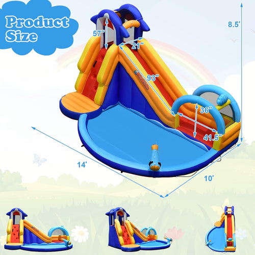 OLAKIDS 14FT Shark Inflatable Water Slide, Bouncy Castle with Splash Pool, Climbing Wall & Water Gun, Includes Carry Bag & Stakes