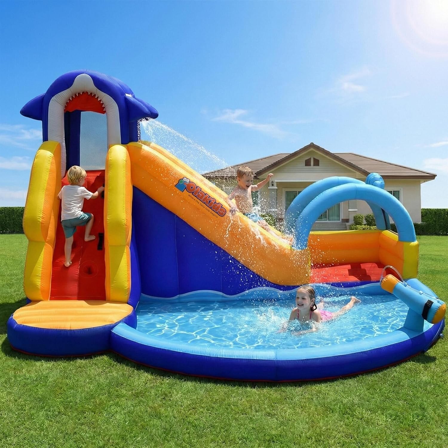 OLAKIDS 14FT Shark Inflatable Water Slide, Bouncy Castle with Splash Pool, Climbing Wall & Water Gun, Includes Carry Bag & Stakes