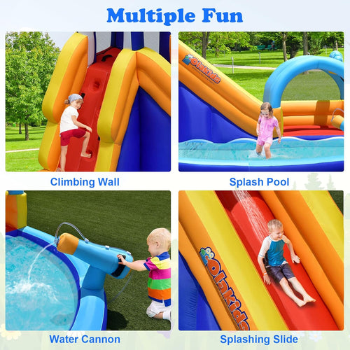 OLAKIDS 14FT Shark Inflatable Water Slide, Bouncy Castle with Splash Pool, Climbing Wall & Water Gun, Includes Carry Bag & Stakes