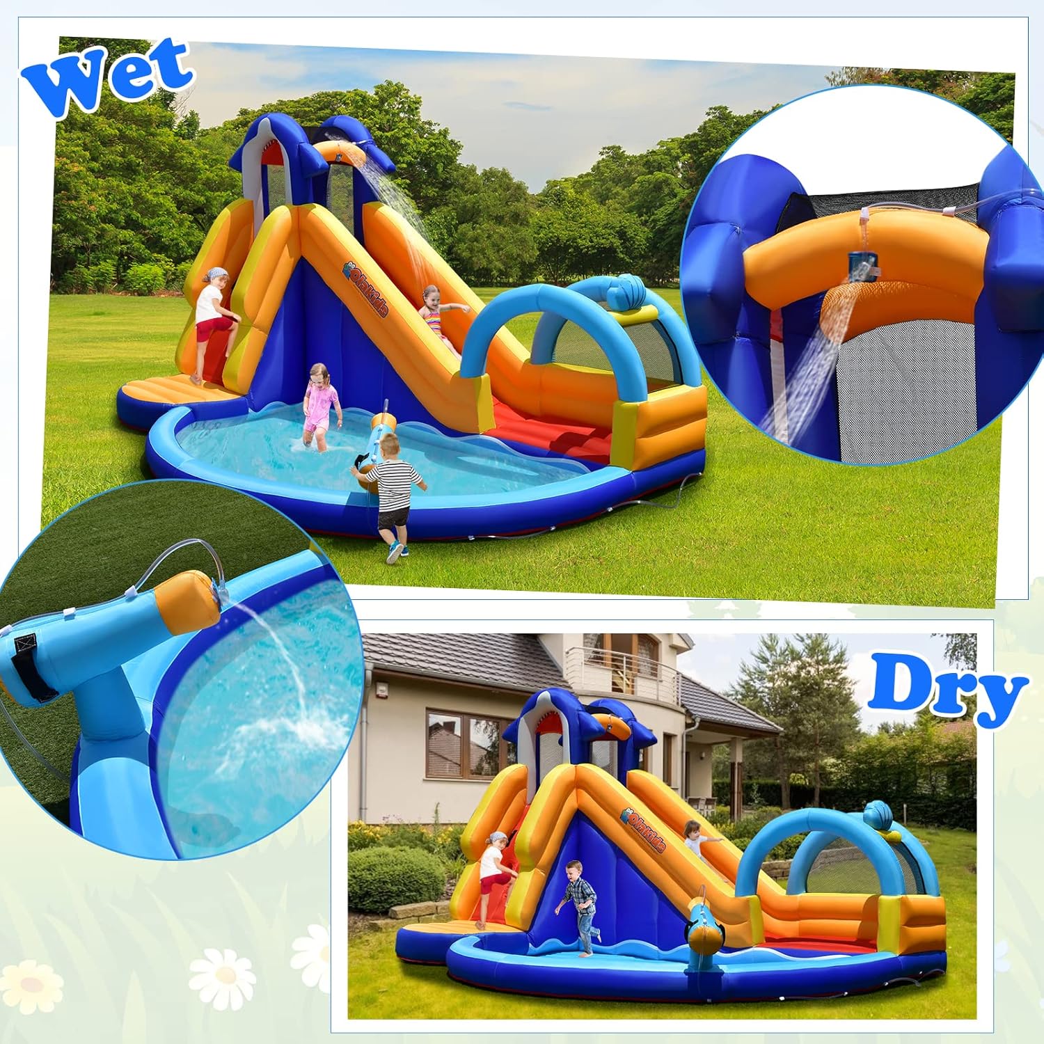 OLAKIDS 14FT Shark Inflatable Water Slide, Bouncy Castle with Splash Pool, Climbing Wall & Water Gun, Includes Carry Bag & Stakes