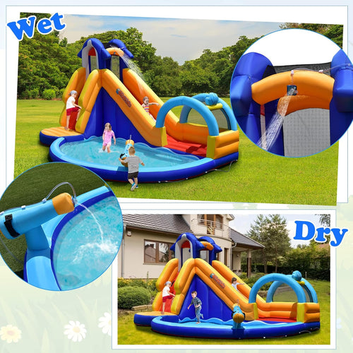 OLAKIDS 14FT Shark Inflatable Water Slide, Bouncy Castle with Splash Pool, Climbing Wall & Water Gun, Includes Carry Bag & Stakes