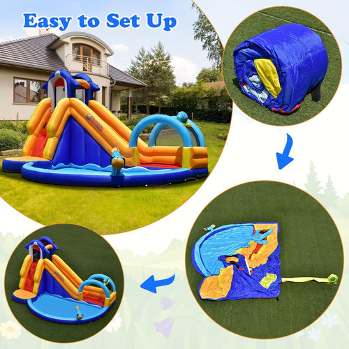OLAKIDS 14FT Shark Inflatable Water Slide, Bouncy Castle with Splash Pool, Climbing Wall & Water Gun, Includes Carry Bag & Stakes