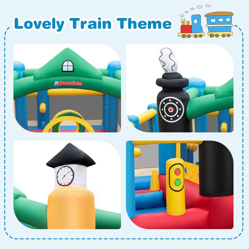OLAKIDS Inflatable Bounce House, Train Theme Kids Jumping Castle  Indoor Outdoor Inflatable Obstacle Course with 950W Blower