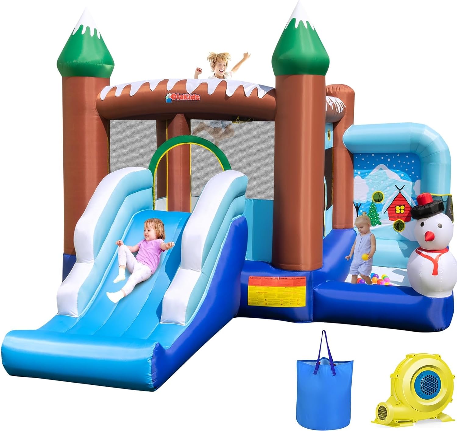 OLAKIDS Christmas Snowman Inflatable Bounce House, Jumping Castle with Slide, Ball Pit, Basketball Rim & Obstacle Course, 680W Blower & Carry Bag