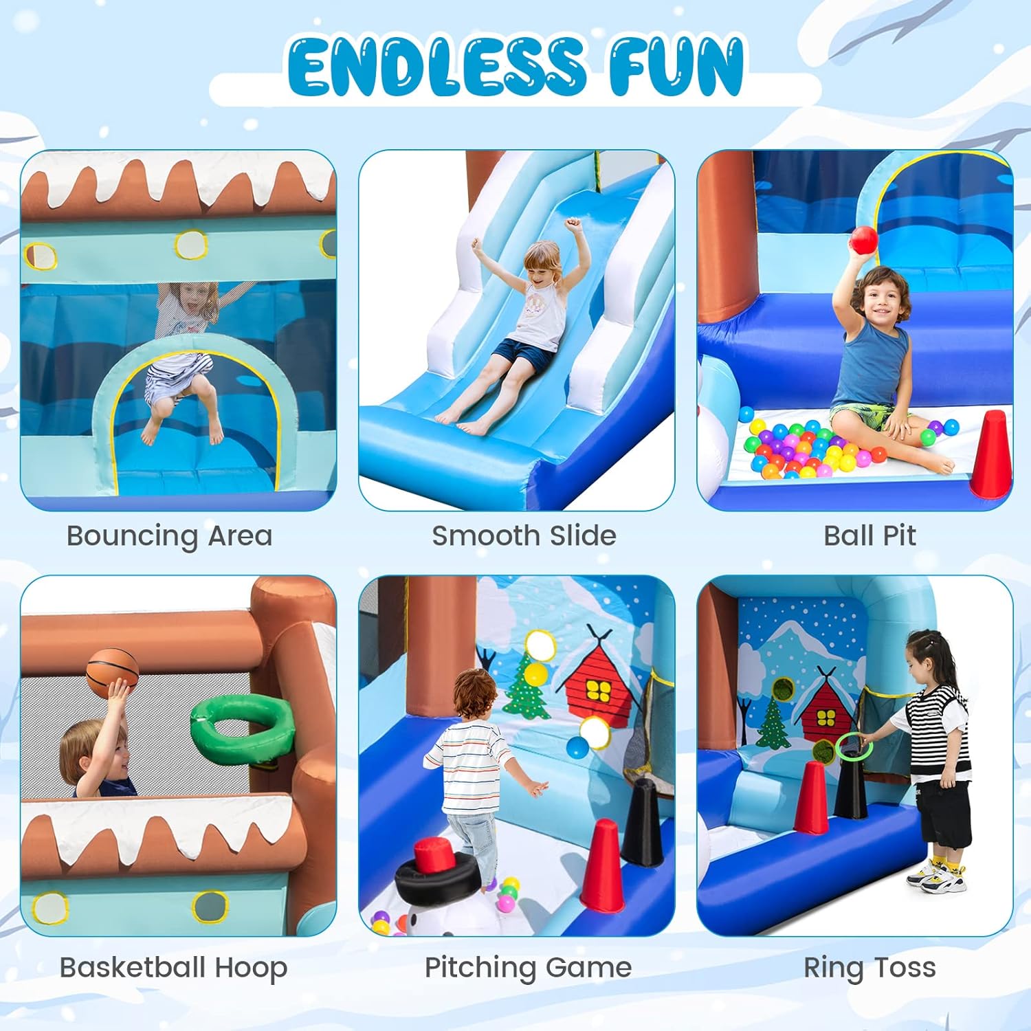 OLAKIDS Christmas Snowman Inflatable Bounce House, Jumping Castle with Slide, Ball Pit, Basketball Rim & Obstacle Course, 680W Blower & Carry Bag