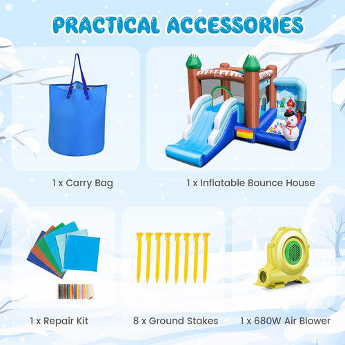 OLAKIDS Christmas Snowman Inflatable Bounce House, Jumping Castle with Slide, Ball Pit, Basketball Rim & Obstacle Course, 680W Blower & Carry Bag
