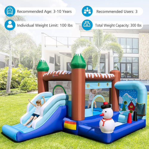 OLAKIDS Christmas Snowman Inflatable Bounce House, Jumping Castle with Slide, Ball Pit, Basketball Rim & Obstacle Course, 680W Blower & Carry Bag