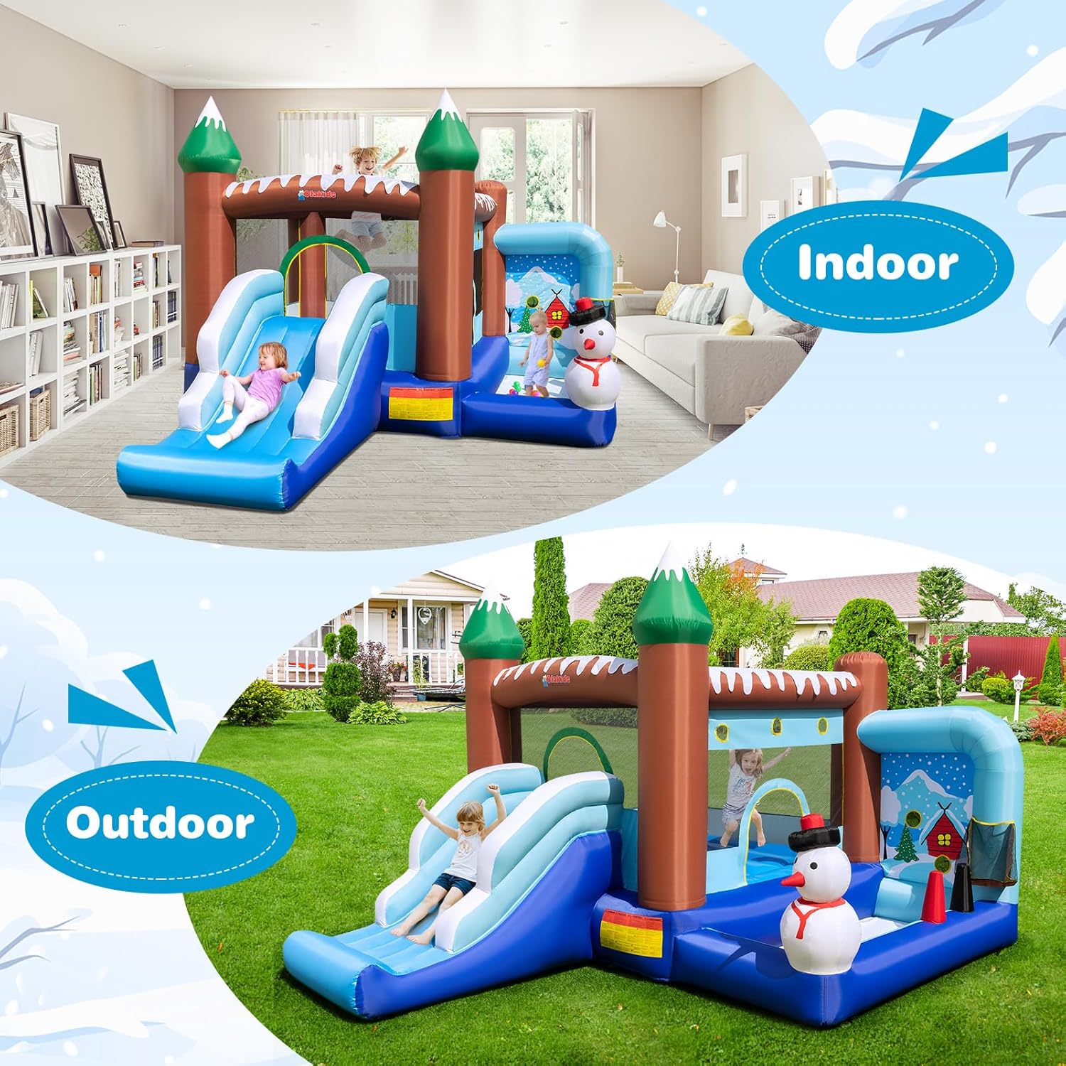 OLAKIDS Christmas Snowman Inflatable Bounce House, Jumping Castle with Slide, Ball Pit, Basketball Rim & Obstacle Course, 680W Blower & Carry Bag