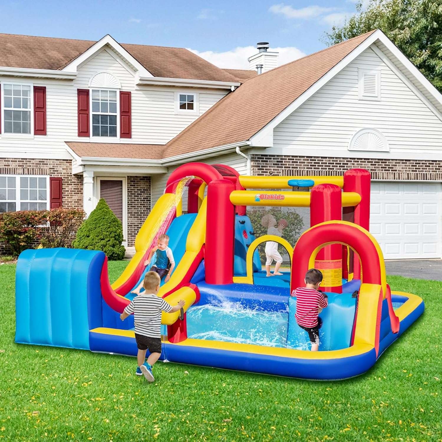 OLAKIDS Inflatable Water Slide 8 in 1 Bounce House Water Park with 2 Slides Splash Pools (Without Blower)