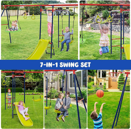 OLAKIDS Swing Sets for Backyard, 7 in 1 Outdoor 660LBS A-Frame Heavy Duty Metal Swing Stand