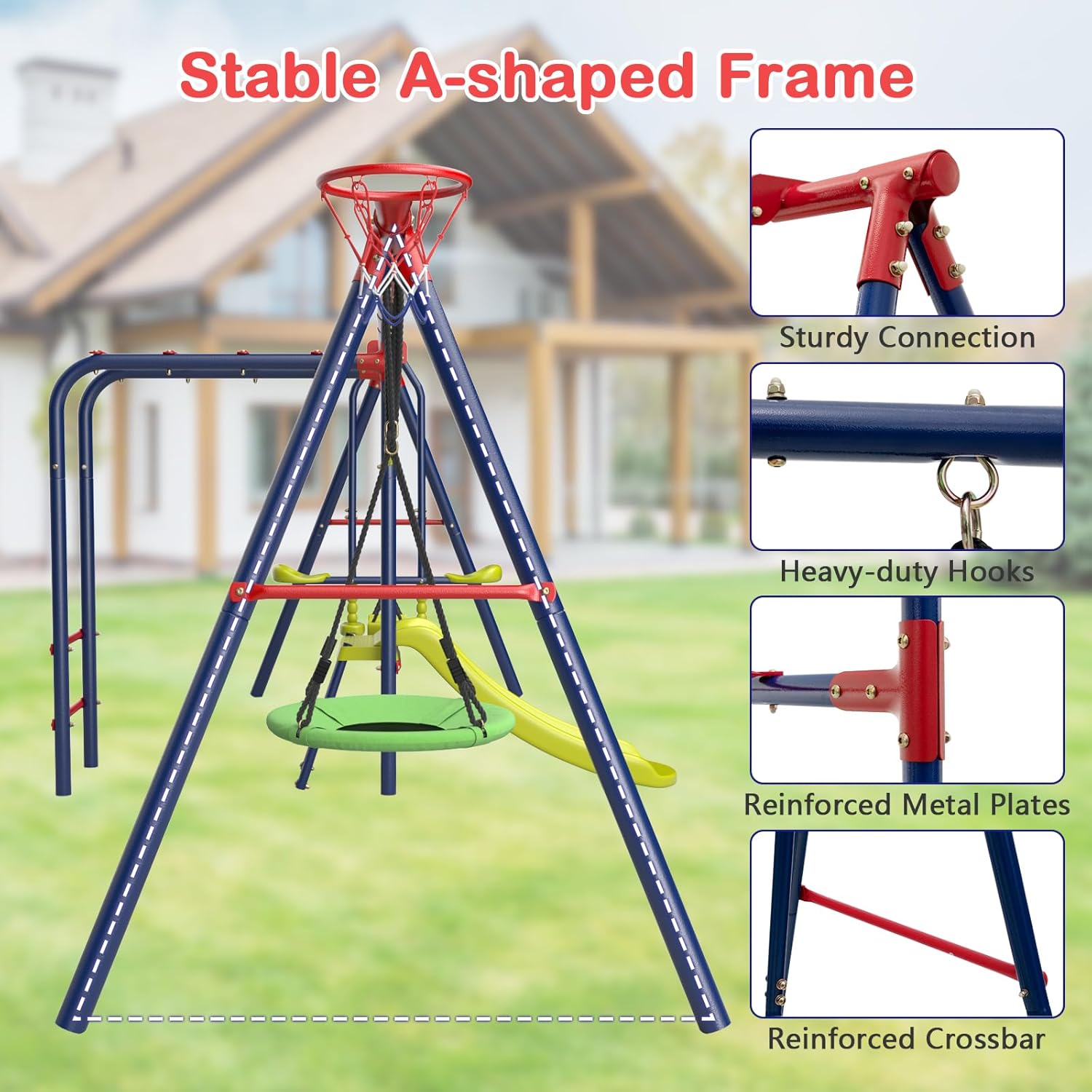 OLAKIDS Swing Sets for Backyard, 7 in 1 Outdoor 660LBS A-Frame Heavy Duty Metal Swing Stand