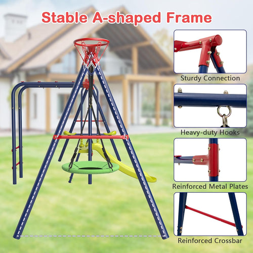 OLAKIDS Swing Sets for Backyard, 7 in 1 Outdoor 660LBS A-Frame Heavy Duty Metal Swing Stand