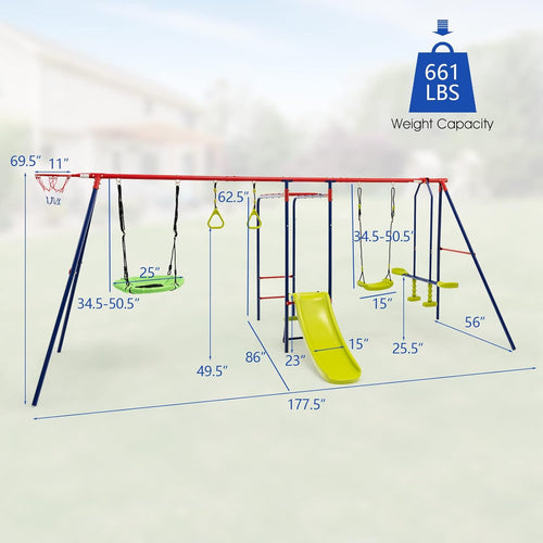 OLAKIDS Swing Sets for Backyard, 7 in 1 Outdoor 660LBS A-Frame Heavy Duty Metal Swing Stand