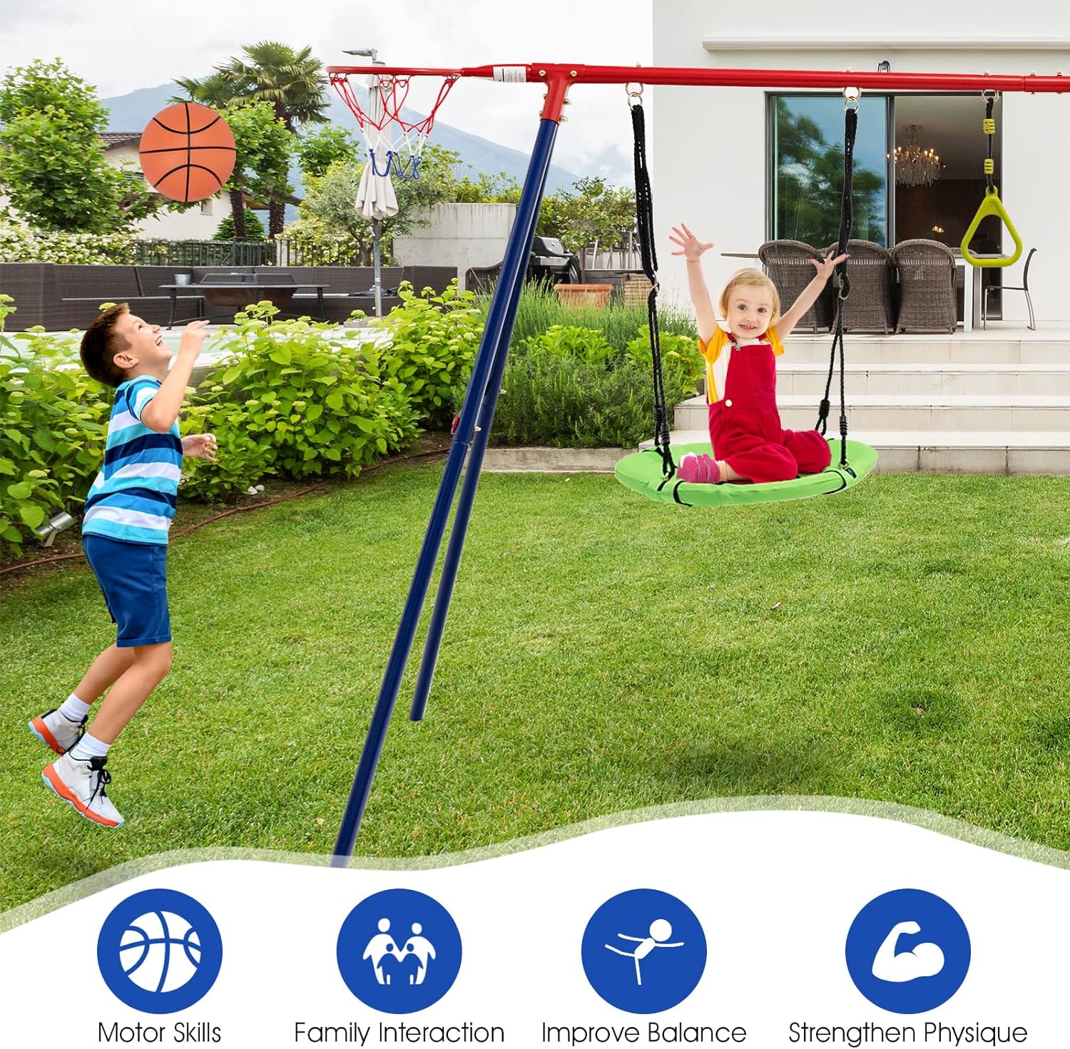 OLAKIDS Swing Sets for Backyard, 7 in 1 Outdoor 660LBS A-Frame Heavy Duty Metal Swing Stand