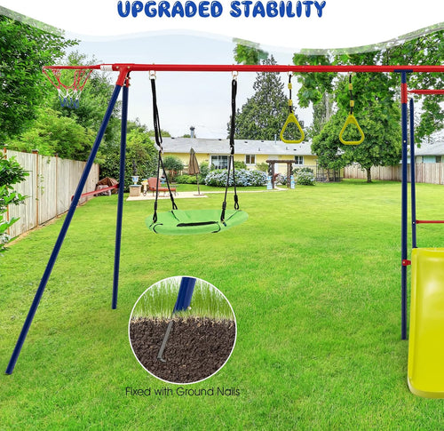 OLAKIDS Swing Sets for Backyard, 7 in 1 Outdoor 660LBS A-Frame Heavy Duty Metal Swing Stand