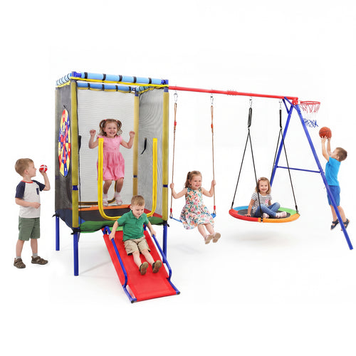 OLAKIDS 6 in 1 Outdoor Swing Set, 440LBS Heavy Duty A-Frame Metal Stand with Slide, Trampoline, Swings, Dartboard and Basketball Hoop for Backyard