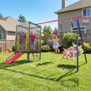 OLAKIDS 6 in 1 Outdoor Swing Set, 440LBS Heavy Duty A-Frame Metal Stand with Slide, Trampoline, Swings, Dartboard and Basketball Hoop for Backyard