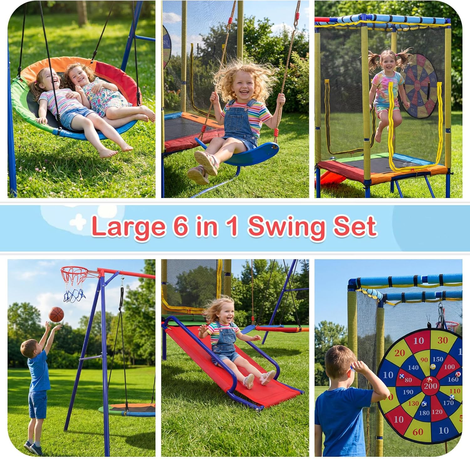 OLAKIDS 6 in 1 Outdoor Swing Set, 440LBS Heavy Duty A-Frame Metal Stand with Slide, Trampoline, Swings, Dartboard and Basketball Hoop for Backyard