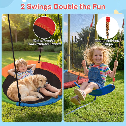 OLAKIDS 6 in 1 Outdoor Swing Set, 440LBS Heavy Duty A-Frame Metal Stand with Slide, Trampoline, Swings, Dartboard and Basketball Hoop for Backyard