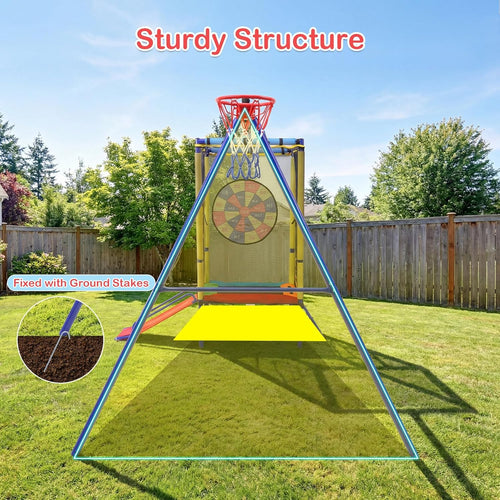 OLAKIDS 6 in 1 Outdoor Swing Set, 440LBS Heavy Duty A-Frame Metal Stand with Slide, Trampoline, Swings, Dartboard and Basketball Hoop for Backyard