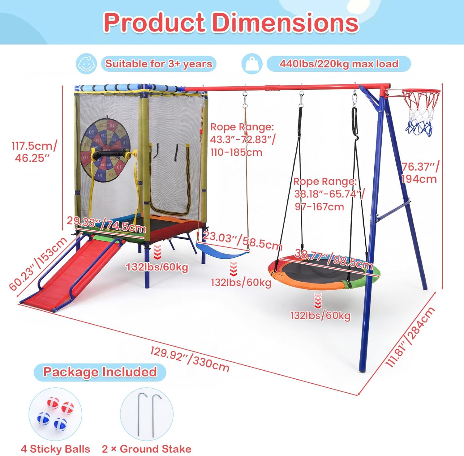 OLAKIDS 6 in 1 Outdoor Swing Set, 440LBS Heavy Duty A-Frame Metal Stand with Slide, Trampoline, Swings, Dartboard and Basketball Hoop for Backyard