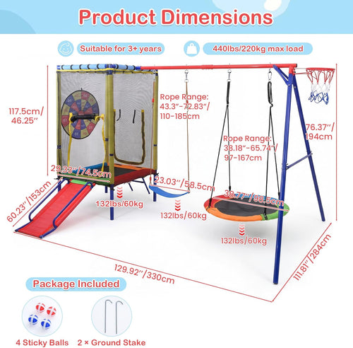 OLAKIDS 6 in 1 Outdoor Swing Set, 440LBS Heavy Duty A-Frame Metal Stand with Slide, Trampoline, Swings, Dartboard and Basketball Hoop for Backyard