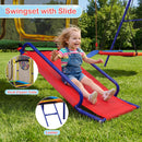 OLAKIDS 6 in 1 Outdoor Swing Set, 440LBS Heavy Duty A-Frame Metal Stand with Slide, Trampoline, Swings, Dartboard and Basketball Hoop for Backyard