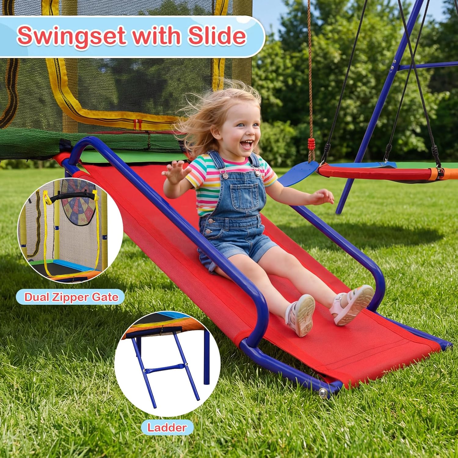 OLAKIDS 6 in 1 Outdoor Swing Set, 440LBS Heavy Duty A-Frame Metal Stand with Slide, Trampoline, Swings, Dartboard and Basketball Hoop for Backyard