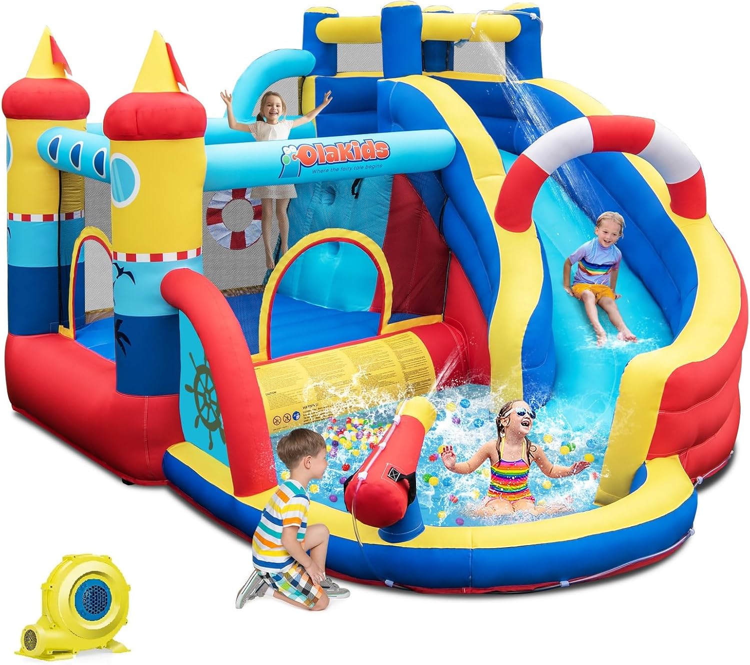 OLAKIDS Nautical Inflatable Water Slide, Bouncy Castle with Splash Pool, Climbing Wall & Water Gun, Includes Carry Bag, Repair Kit & Stakes