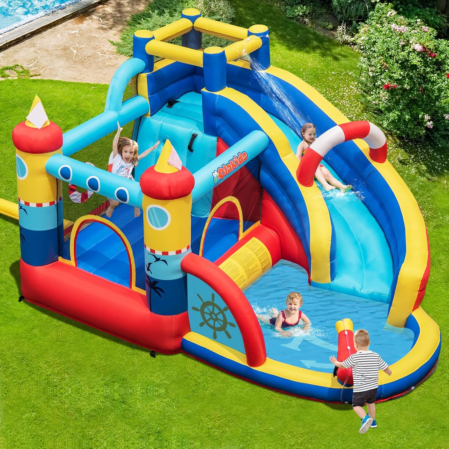 OLAKIDS Nautical Inflatable Water Slide, Bouncy Castle with Splash Pool, Climbing Wall & Water Gun, Includes Carry Bag, Repair Kit & Stakes