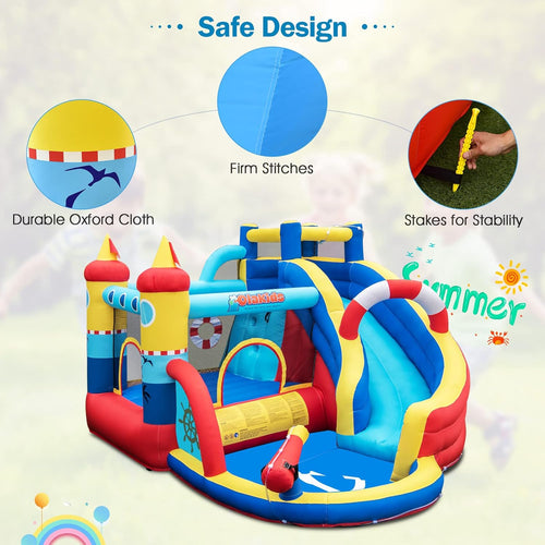 OLAKIDS Nautical Inflatable Water Slide, Bouncy Castle with Splash Pool, Climbing Wall & Water Gun, Includes Carry Bag, Repair Kit & Stakes