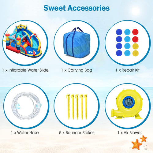 OLAKIDS Nautical Inflatable Water Slide, Bouncy Castle with Splash Pool, Climbing Wall & Water Gun, Includes Carry Bag, Repair Kit & Stakes
